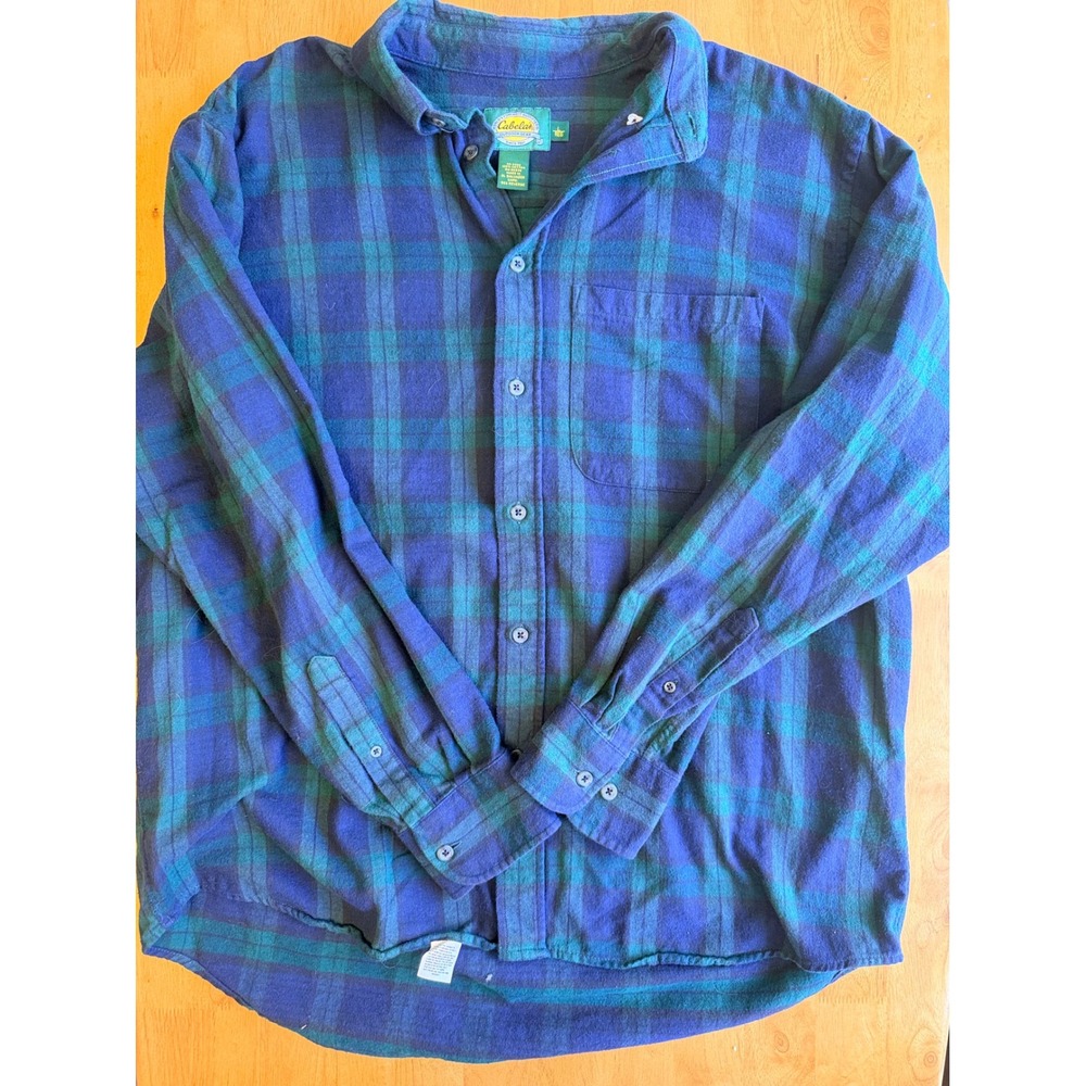 Cabelas Mens Blue Green Plaid Flannel Shirt L Long Sleeve Cotton 90-2960 575